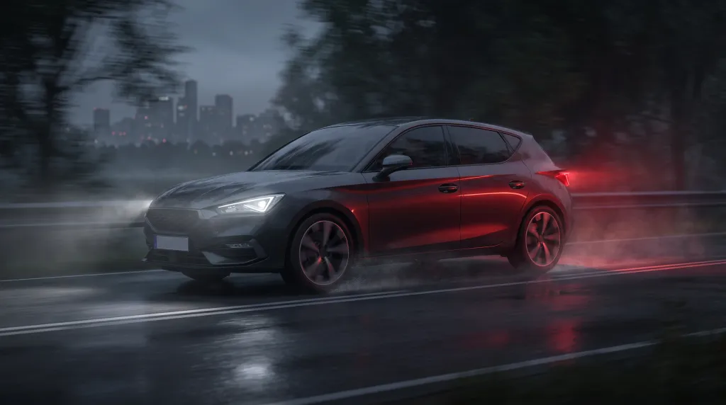 Kompaktowy hatchback jadący wieczorem po mokrej drodze za miastem
