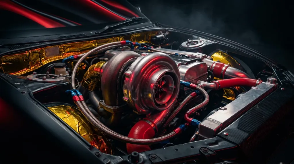 Komora silnika po przebudowie z dużą turbosprężarką i przewodami w stalowym oplocie