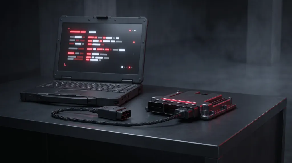 Laptop z listą kodów błędów obok sterownika silnika
