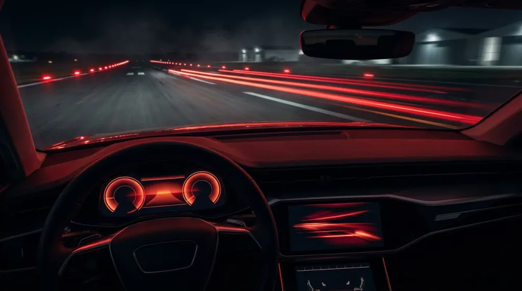 Nocna jazda autostradą widziana z wnętrza auta, smugi świateł