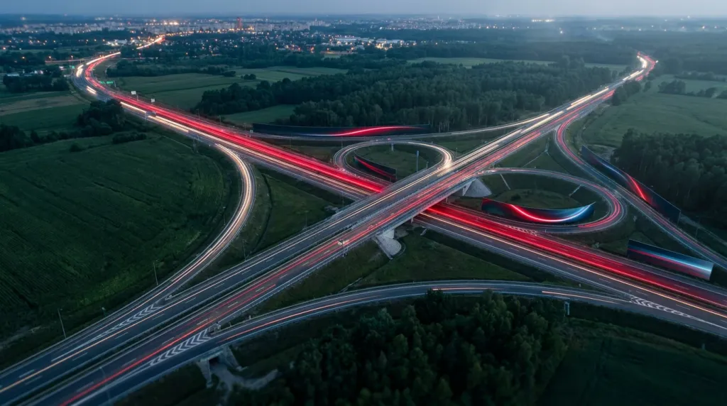 Węzeł drogowy pod miastem o zmierzchu, smugi świateł samochodów