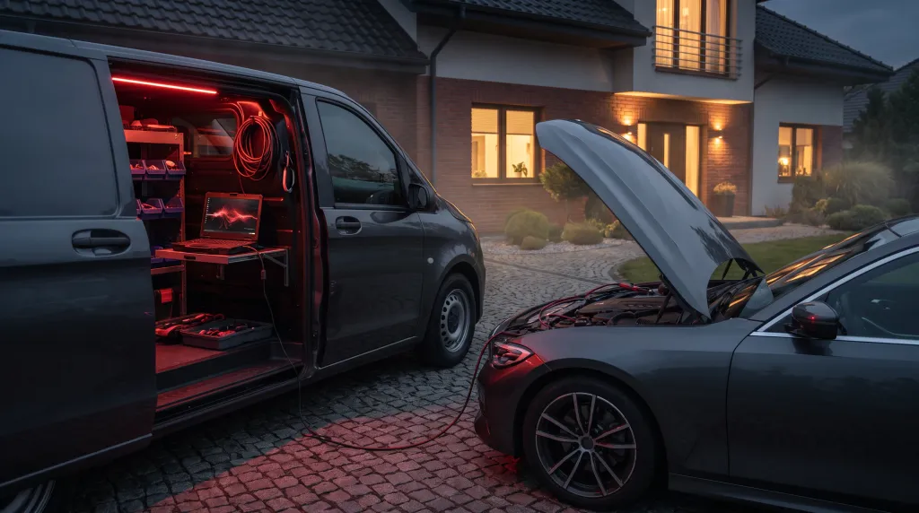 Auto serwisowe na podjeździe domu o zmierzchu, obok samochód klienta z otwartą maską