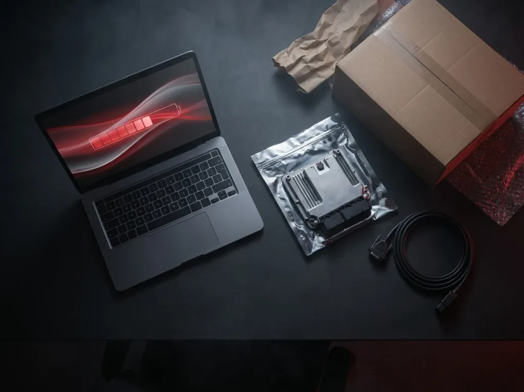 Laptop z paskiem przesyłania pliku, sterownik w woreczku antystatycznym i karton do wysyłki na biurku